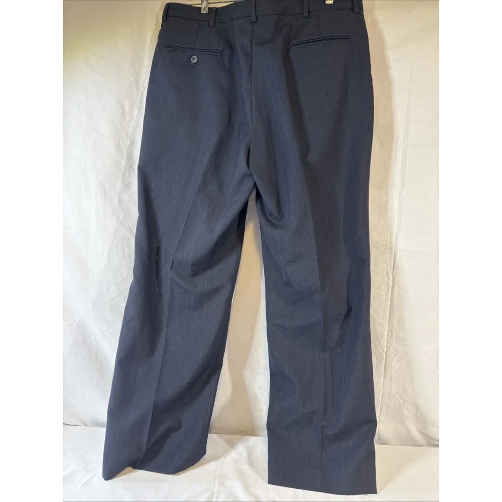 TownCraft Mens Pleated Front Dress Pants 36x30 Blue Pinstripe Wool Blend N2140